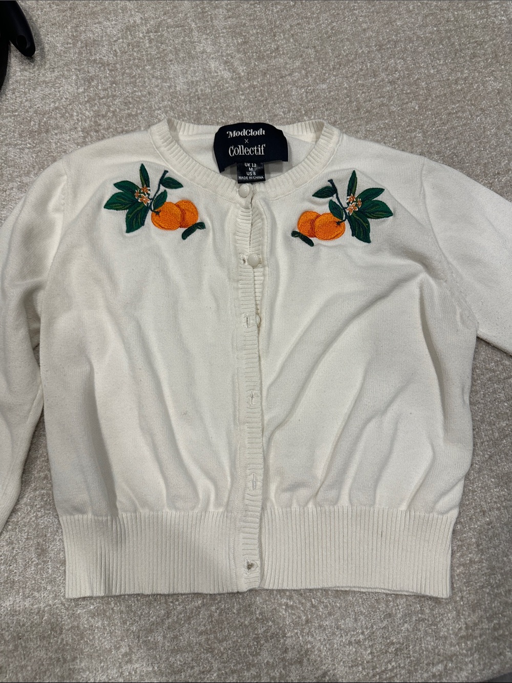 ModCloth Cream Cardigan with Orange Fruit Embroidery - Picture 1 of 4